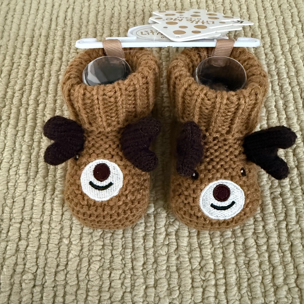 Brown Knit Reindeer Baby Booties